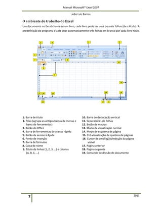 Manual Microsoft® Excel 2007
João Luís Barros
7 2011
O ambiente de trabalho do Excel
Um documento no Excel chama-se um livro; cada livro pode ter uma ou mais folhas (de cálculo). A
predefinição do programa é a de criar automaticamente três folhas em branco por cada livro novo.
1. Barra de título
2. Friso (agrupa as antigas barras de menus e
barra de ferramentas)
3. Botão do Office
4. Barra de ferramentas de acesso rápido
5. Botão de acesso à Ajuda
6. Ponto de inserção
7. Barra de fórmulas
8. Caixa de nome
9. Título de linhas (1, 2, 3, …) e colunas
(A, B, C, …)
10. Barra de deslocação vertical
11. Separadores de folhas
12. Botão de macros
13. Modo de visualização normal
14. Modo de esquema de página
15. Pré-visualização de quebras de páginas
16. Cursor de ampliação/redução da página
visível
17. Página anterior
18. Página seguinte
19. Comando de divisão do documento
 
