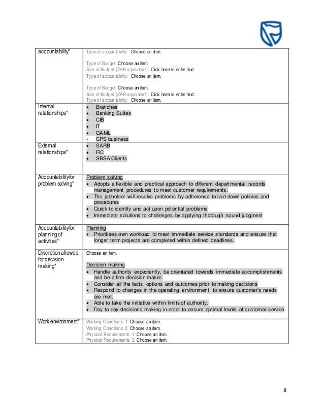 customer service bank job description