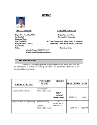 RESUME
HOME ADDRESS WORKING ADDRESS
Engr.Bino Sweetlin,MBA. Engr.Bino Sweetlin,
Peribavilai, BioMedical Engineer,
Karungal Post,
Pin No 629157 Dr,NoorMohammed Khan General Hospital,
KanyaKumari District, P.O.Box80,31991 Hafer al batin,Dammam,
Tamilnadu,
India. Saudi Arabia.
Saudi Ph no:+966533824059
Email:binobiomed@gmail.com
CAREER OBJECTIVE:
Seeking a challenging position in your organization which will offer me
an opportunity to utilize and develop my skills and contribute effectively to the
progress of the organization.
UNIVERSITY/
BOARD
DEGREE
YEAR PASSED %AGE
SCHOOL/COLLEGE
Annamalai University.
Chidambaram
Tamil Nadu, India
M.B.A
Hospital
Management 2012-2014 60%
Udaya School of Engineering Anna University BE-
BIOMEDICAL
ENGINEERChennai,
Tamil Nadu, India 2008-2012 7.1CGPA
 