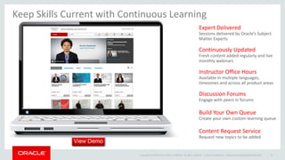 Copyright © 2014 Oracle and/or its affiliates. All rights reserved. |
Expert Delivered
Sessions delivered by Oracle’s Subject
Matter Experts
Continuously Updated
Fresh content added regularly and live
monthly webinars
Instructor Office Hours
Available in multiple languages,
timezones and across all product areas
Discussion Forums
Engage with peers in forums
Build Your Own Queue
Create your own custom learning queue
Content Request Service
Request new topics to be added
Keep Skills Current with Continuous Learning
Oracle Confidential – Internal/Restricted/Highly Restricted 13
 