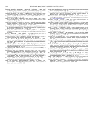 Herold, M., Mayaux, P., Woodcock, C. E., Baccini, A., & Schmullius, C. (2008). Some
challenges in global land cover mapping: an assessment of agreement and accuracy
in existing 1 km datasets. Remote Sensing of Environment, 112, 2538−2556.
Hoekstra, J. M., Boucher, T. M., Ricketts, T. H., & Roberts, C. (2005). Confronting a biome
crisis: global disparities of habitat loss and protection. Ecology Letters, 8, 23−29.
Houghton, R. A. (2005). Aboveground forest biomass and the global carbon balance.
Global Change Biology, 11, 945−958.
Huang, C., Kim, S., Song, K., Townshend, J. R. G., Davis, P., Altstatt, A., et al. (2009).
Assessment of Paraguay's forest cover change using Landsat observations. Global
and Planetary Change, 67, 1−12.
Hudak, A. T., Crookston, N. L., Evans, J. S., Hall, D. E., & Falkowski, M. J. (2008). Nearest
neighbor imputation of species-level, plot-scale forest structure attributes from
LiDAR data. Remote Sensing of Environment, 112, 2232−2245.
Huete, A., Didan, K., Miura, T., Rodriguez, E. P., Gao, X., & Ferreira, L. G. (2002). Overview
of the radiometric and biophysical performance of the MODIS vegetation indices.
Remote Sensing of Environment, 83(1–2), 195−213.
Huete,A.R., Didan,K., Shimabukuro, Y. E., Ratana,P., Saleska,S.R.,Hutyra,L.R., etal. (2006).
Amazon rainforests green-up with sunlight in dry season. Geophysical Research Letters,
33, L06405.
Jönsson, P., & Eklundh, L. (2004). TIMESAT—a program for analyzing time-series of
satellite sensor data. Computers & Geosciences, 30, 833−845.
Killeen, T. J., Calderon, V., Soria, L., Quezada, B., Steininger, M. K., Harper, G., et al. (2007).
Thirty years of land-cover change in Bolivia. Ambio, 36(7), 600−606.
Korpela, I., Koskinen, M., Vasander, H., Holopainen, M., & Minkkinen, K. (2009).
Airborne small-footprint discrete-return LiDAR data in the assessment of boreal
mire surface patterns, vegetation, and habitats. Forest Ecology and Management,
258, 1549−1566.
Lawrence, R. L., Wood, S. D., & Sheley, R. L. (2006). Mapping invasive plants using
hyperspectral imagery and Breiman Cutler classiﬁcations (RandomForest). Remote
Sensing of Environment, 100, 356−362.
Liaw, A., & Wiener, M. (2002). Classiﬁcation and regression by randomForest. R News, 2
(3), 18−22.
Loveland, T. R., Reed, B. C., Brown, J. F., Ohlen, D. O., Zhu, Z., Yang, L., et al. (2000).
Development of a global land cover characteristics database and IGBP DISCover
from 1 km AVHRR data. International Journal of Remote Sensing, 216–7, 1303−1330.
Martinuzzi, S., Vierling, L. A., Gould, W. A., Falkowski, M. J., Evans, J. S., Hudak, A. T., et al.
(2009). Mapping snags and understory shrubs for a LiDAR-based assessment of
wildlife habitat suitability. Remote Sensing of Environment, 113, 2533−2546.
Minetti, J. L. (1999). Atlas climático del noroeste argentino. Fundación Carl C: Zon
Caldenius, Sede NOAA. Tucumán: Universidad Nacional de Tucumán.
Olson, D. M., Dinerstein, E., Wikramanayake, E. D., Burgess, N. D., Powell, G. V. N.,
Underwood, E. C., et al. (2001). Terrestrial ecoregions of the world: a new map of
life on earth. Bioscience, 51, 933−938.
Pal, M. (2005). Random Forest classiﬁer for remote sensing classiﬁcation. International
Journal of Remote Sensing, 26, 217−222.
Powell, R. L., Matzke, N., de Souza, C., Jr., Clark, M. L., Numata, I., Hess, L. L., et al. (2004).
Sources of error in accuracy assessment of thematic land-cover maps in the
Brazilian Amazon. Remote Sensing of Environment, 9, 221−234.
R Development Core Team (2010). R: A language and environment for statistical
computing.Vienna, Austria: R Foundation for Statistical Computing. ISBN 3-900051-
07-0 http://www.R-project.org
Redford, K., Taber, A., & Simonetti, J. (1990). There is more to biodiversity than the
tropical rain forest. Conservation Biology, 4, 328−330.
Roberts, D. A., Numata, I., Holmes, K., Batista, G., Krug, T., Moteiro, A., et al. (2002). Large
area mapping of land-cover change in Rondônia using multitemporal spectral
mixture analysis and decision tree classiﬁers.Journal of Geophysical Research-
Atmospheres, 107, 8073 (LBA 40-1-40-18).
Sesnie, S. E., Gessler, P. E., Finegan, B., & Thessler, S. (2008). Integrating Landsat TM and
SRTM-DEM derived variables with decision trees for habitat classiﬁcation and
change detection in complex neotropical environments. Remote Sensing of
Environment, 112, 2145−2159.
Skole, D., Justice, C. O., Janetos, A. C., & Townshend, J. (1997). A land cover change
monitoring program: a strategy for international effort. Mitigation and Adaptation
Stategies for Global Change, 2, 157−175.
Stehman, S. V., & Czaplewski, R. L. (1998). Design and analysis for thematic map
accuracy assessment: fundamental principles. Remote Sensing of Environment, 64,
331−344.
Steininger, M. K., Tucker, C. J., Townshend, J. R. G., Killeen, T. J., Desch, A., Bell, V., et al.
(2001). Tropical deforestation in the Bolivian Amazon. Environmental Conservation,
28, 127−134.
Tan, B., Woodcock, C. E., Hu, J., Zhang, P., Ozdogan, M., Huang, D., et al. (2006). The
impact of gridding artifacts on the local spatial properties of MODIS data:
implications for validation, compositing, and band-to-band registration across
resolutions. Remote Sensing of Environment, 105, 98−114.
Wolfe, R. E., Nishihama, M., Fleig, A. J., Kuyper, J. A., Roy, D. P., Storey, J. C., et al. (2002).
Achieving sub-pixel geolocation accuracy in support of MODIS land science. Remote
Sensing of Environment, 83, 31−49.
Xiao, X., Zhang, Q., Saleska, S., Hutyra, L., de Camargo, P., Wofsy, S., et al. (2005).
Satellite-based modeling of gross primary production in a seasonally moist tropical
evergreen forest. Remote Sensing of Environment, 94, 105−122.
Zak, M., Cabido, M., & Hodgson, J. G. (2004). Do subtropical seasonal forests in the Gran
Chaco, Argentina, have a future? Biological Conservation, 120, 589−598.
Zhan, X., Sohlberg, R. A., Townshend, J. R. G., DiMiceli, C., Carroll, M. L., Eastman, J. C.,
Hansen, M. C., & DeFries, R. C. (2002). Detection of land cover changes using MODIS
250 m data. Remote Sensing of Environment, 83, 336−350.
2832 M.L. Clark et al. / Remote Sensing of Environment 114 (2010) 2816–2832
 