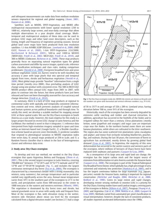 and infrequent measurements can make data from medium resolution
sensors impractical for regional and global mapping (Asner, 2001;
Hansen et al., 2008).
Satellites such as MODIS, SPOT-Vegetation, and MERIS offer
multispectral measurements with lower spatial resolution (250 to
1000 m), relatively large scenes, and near-daily coverage that allow
multiple observations in a year despite cloud coverage. Multi-
temporal and multispectral analysis of these data can be used to
produce LULC maps and other land cover descriptors, such as the
timing, length and frequency of vegetation growing seasons. Several
global land cover maps have been produced from low resolution
satellites: 1.1-km AVHRR (IGBP DISCover , Loveland et al., 2000; UMD
GLCC, Hansen et al., 2000), 1-km SPOT-Vegetation (GLC2000,
Bartholomé & Belward, 2005), 500 m and 1000 m MODIS
(MOD12Q1, Friedl et al., 2002; MCD12Q1, Friedl et al., 2010), and
300 m MERIS (Globcover, Bicheron et al., 2008). These map products
generally focus on separating natural vegetation types for global
carbon assessment and differ by source images, spatial scale, reference
data, classiﬁcation techniques and class rules, making comparison
problematic (Herold et al., 2008). Evergreen broadleaf trees and areas
without vegetation (snow, ice, barren) tend to be well classiﬁed, but
accuracy is poor with large pixels that mix spectral and temporal
signals from trees, shrubs and herbaceous vegetation (Herold et al.,
2008). Most global maps provide “baseline” information from a single
time period (mostly circa 2000), thus precluding analysis of LULC
change using one product with consistent error. The 500 m MCD12Q1
MODIS product offers annual LULC maps from 2001 to 2007, with
plans to continue into the future, but these products have just been
released and have not been thoroughly assessed for class accuracy and
change detection (Friedl et al., 2010).
In summary, there is a lack of LULC map products at regional to
continental scales with spatially and temporally consistent informa-
tion content and error, which prevents analyses of coupled natural
and human systems across political boundaries and through time. To
satisfy this need, we develop a scalable method for mapping annual
LULC at these spatial scales. We use the Dry Chaco ecoregion in South
America as a case study; however, the main impetus for this study is a
larger project focused on recent LULC change in Latin America and the
Caribbean. Our method is novel in that it integrates: 1) reference data
interpreted from high-resolution imagery sampled in space and time
within an Internet-based tool (Google Earth), 2) a ﬂexible classiﬁca-
tion scheme based on percent cover thresholds, 3) predictor variables
that respond to phenological variation in MODIS vegetation index
time series data, 4) annual maps produced at 250 m scale, and 5) a
Random Forests classiﬁer that is robust in the face of heterogeneous
classes and reference data error.
2. Study area: Dry Chaco ecoregion
To develop and test our method, we worked in the Dry Chaco
ecoregion that spans Argentina, Bolivia and Paraguay (Olson et al.,
2001). This is the second largest ecoregion in Latin America, covering
790,000 km2
between 17°32′26″S and 33°52′7″S latitude and 67°43′
12″W and 57°59′26″W longitude (Fig. 1), and includes the largest
continuous neotropical dry forest (Eva et al., 2004). The ecoregion is
characterized by a monsoonal climate with a strong seasonality (dry
winters, rainy summers), but average temperature and in particular
rainfall vary signiﬁcantly across the area. Annual mean temperature
varies from 18°C in the southern part of the ecoregion to 21°C in the
north, and precipitation varies from 500 mm/year in the center to
1000 mm/year in the eastern and western extremes (Minetti, 1999).
The vegetation is dominated by dry forest trees and shrubs, but
natural grasslands occur in areas with sandy soils and frequent ﬁres.
Most of the ecoregion is ﬂat, with elevation rising in the wetter,
western side. Elevation above mean sea level for the ecoregion
calculated from a digital elevation model (see Section 2.7) had a range
of 56 to 3577 m and average of 326±289 m. Lowland areas, having
elevation below 700 m, cover 91% of the ecoregion.
Historically, much of the ecoregion has been severely degraded by
extensive cattle ranching and timber and charcoal extraction. In
addition, agriculture has occurred in the foothills of the Andes and in
irrigated valleys for more than a century. Citrus plantations (mostly
lemon, some grapefruit and oranges) and sugar cane are important
crops near the Andes. In the northern humid zones there are some
banana plantations, while olives are cultivated in the drier southwest.
The region also has some scattered tree plantations (pine, eucalyptus
and poplar) and minor fruit orchards including blueberries, peaches,
ﬁgs, and walnuts. During the last 30 years, the conversion of forest to
agriculture has accelerated, mostly driven by growing global food
demand (Grau et al., 2005). In Argentina, the majority of this new
deforestation has occurred in the wetter eastern and western parts of
the ecoregion, where millions of hectares of Chaco forest have been
replaced with soybeans and pastures (Gasparri & Grau, 2009).
As a consequence of its large area and rapid land use change, the
ecoregion has the largest carbon stock and the largest source of
emissions from deforestation in Latin Americaoutsidethe Amazon basin
(Gasparri et al., 2008). The ecoregion is part of the Tropical/Subtropical
Dry Broadleaf Forest biome, which globally has a high percentage of area
converted and relatively low protection (Hoekstra et al., 2005), and it
has the largest continuous habitat for large mammals (e.g., jaguars,
peccaries) outside the Amazon basin, making it important for regional
conservation (Altritcher and Boaglio, 2004; Altritcher et al., 2006;
Redford et al., 1990). Given its large extent and rapid changes,
developing remote sensing methods to monitor LULC is a priority for
theDry Chaco. Existingstudies have used Landsat images, coveringparts
of the ecoregion in Bolivia (Killeen et al., 2007), Paraguay (Huang et al.,
2009) and Argentina (Zak et al., 2004; Boletta et al., 2006; Gasparri &
Grau 2009). Methods varied from automated per-pixel classiﬁcation to
visual interpretation; however, despite the lack of consistent products,
all studies reported accelerated deforestation since the 1990s.
Fig. 1. The Dry Chaco ecoregion study site. MODIS tile extents are shown as the grid, and
tile numbers are given with horizontal and vertical reference numbers (e.g., h11v10).
2817M.L. Clark et al. / Remote Sensing of Environment 114 (2010) 2816–2832
 