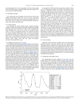 increasing rapidly (Figs. 2 and 3—agriculture). The VIs in this example
track one growing season in 2003 and 2004, while there appear to be
two crop cycles in 2005 and 2006.
3.5. Phenological variables
We started with the assumption that land cover classes have
different phenological signals that can be used for automated
classiﬁcation. Our goal was to derive predictor variables from the VI
time series that are sensitive to annual phenological change, yet
reduce data volume and signal noise.
3.5.1. Annual statistics
We calculated the annual statistics mean, standard deviation,
minimum, maximum and range for EVI, NDVI, red reﬂectance and NIR
reﬂectance values from calendar years 2001 to 2007. The MOD13Q1
pixel reliability layer was used to remove all unreliable pixels
(value=3) prior to calculating statistics. We explored restricting
our analysis to highly reliable pixels (value=0), but this eliminated
too many data points, and so signal error from marginally reliable
pixels (value=1) contributes to the total error in our process. Annual
metrics are referenced by the input band evi, ndvi, red or nir and the
statistic _mean, _stddev, _min, _max, and _range. For example,
evi_mean is the mean EVI for 1 year.
3.5.2. TIMESAT processing of time series data
The TIMESAT program (Jönsson & Eklundh, 2004) was designed to
analyze phenological signals found in time series data from satellite
sensors. The program ﬁts local functions to the time series data points,
and then combines these functions into a global model. Phenological
variables for each growing season are then extracted from the smooth
model function, thereby reducing the inﬂuence of signal noise in the
raw data. We used TIMESAT v.2.3 (Jönsson & Eklundh, 2004) to
process EVI and NDVI data from Julian day 289, year 2000 to Julian day
273, year 2008 (23 points per years×8 years=184 points). This
temporal window does not align with calendar years, but allowed the
program to have ample data to ﬁt a full function to the main Southern
Hemisphere growing seasons 2001–2002 to 2007–2008. The MOD13
pixel reliability band was used to weight each point in the time series:
value 0 (good data) had full weight (1.0), values 1–2 (marginal data,
snow/ice) had half weight (0.5), and value 3 (cloudy) had minimal
weight (0.1). Function-ﬁtting parameters used in TIMESAT were: a
Savitzky-Golay ﬁlter procedure, 3- and 4-point window over 2 ﬁtting
steps, adaptation strength of 2.0, no spike or amplitude cutoffs, season
cutoff of 0.0, and begin and end of season threshold of 20%.
An example ﬁt to NDVI data from an agriculture sample is shown
in Fig. 4. Phenological variables extracted for each growing season
included: 1. length of the season (seas_length); 2. base level, average
of the left and right minimum values (base_level); 3. largest data value
for the ﬁtted function during the season (maximum); 4. seasonal
amplitude (amplitude); 5. rate of increase at the beginning of the
season (left_der); 6. rate of decrease at the end of the season
(right_der); 7. small seasonal integral (small_int); 8. large seasonal
integral (large_int); 9. number of seasons in a calendar year
(num_seas); 10. time for the start of the season (day_start); 11. time
for the end of the season (day_end); and, 12. time for the mid of the
season (day_mid). A custom program was created to output these
phenological variables as raster bands in a stack for each calendar
year, 2001 to 2007. TIMESAT outputs fractions of band number for
variables 10, 11, and 12. Julian day within a calendar year (0 to 366)
was linearly interpolated from a lookup table of MODIS bands and
Julian day. Each image pixel was processed independently and
phenological variables were labeled with the year in which the
season started. Only data for the ﬁrst growing season in a calendar
year were used in our analyses. If TIMESAT failed to retrieve a growing
season for a year, the phenological variables for the year were set to a
no data value.
3.6. Terrain variables
Additional auxiliary predictor variables used in the classiﬁcation
included elevation and slope derived from the Shuttle Radar
Topography Mission (SRTM) 90 m Digital Elevation Model (DEM)
that had missing data ﬁlled by the Consultative Group for Interna-
tional Agriculture Research (CGIAR, DEM Version 4, http://www.srtm.
csi.cgiar.org). Degree slope was derived from the DEM at 90 m and
then both elevation and slope were projected to the IGH projection
using a bilinear interpolation method and a 231.7 m cell size, to match
the MODIS-derived datasets.
3.7. Classiﬁcation with Random Forests
We implemented per-pixel mapping of land cover with the
Random Forests (RF) tree-based classiﬁer (Breiman, 2001). Decision
tree classiﬁers have an advantage over more traditional classiﬁers, like
the maximum likelihood classiﬁer, in that they make no assumptions
about data distributions (e.g., normality), can handle data with
different scales, and can adapt to noise and non-linear relationships
inherent in remote sensing data (Friedl & Brodley, 1997). For example,
a highly variable class such as agriculture, which includes different
Fig. 4. Example TIMESAT function ﬁt (black line) to 16-day MOD13 NDVI data (open circles with dashed line) for an agriculture pixel. TIMESAT phenological variables derived from
the function are numbered on the ﬁgure for the 2006/2007 growing season, with variable names and actual values in the table. See Section 3.6.2 for more information.
2821M.L. Clark et al. / Remote Sensing of Environment 114 (2010) 2816–2832
 