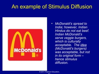 © 2011 Pearson Education,
An example of Stimulus Diffusion
• McDonald’s spread to
India; however, Indian
Hindus do not eat beef.
Indian McDonald’s
serve veggie burgers,
which is culturally
acceptable. The idea
(McDonald’s burgers)
was acceptable, but not
in its original form –
hence stimulus
diffusion.
 