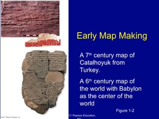 © 2011 Pearson Education,
Early Map Making
Figure 1-2
A 7th
century map of
Catalhoyuk from
Turkey.
A 6th
century map of
the world with Babylon
as the center of the
world
 