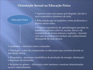 Orientação Sexual na Educação Física
Educação Física
• Aparece como um espaço privilegiado, devido a
seus conteúdos e dinâmica de aula;
• Pela relação que se estabelece entre professores e
alunos nestas aulas;
• Propicia experiência de aprendizagem peculiar ao
mobilizar aspectos afetivos, sociais, éticos e de
sexualidade de forma intensa e explícita – fazendo
com que os professores tenham um conhecimento
abrangente de seus alunos.
• Anatomia – estrutura óssea e muscular
• Fisiologia – a fim de compreender as alterações que ocorrem durante as
atividades físicas
• Bioquímica – processos metabólicos de produção de energia, eliminação
e reposição de nutrientes
• Relações de gênero – diferenças entre meninos e meninas determinadas
social e culturalmente.
 