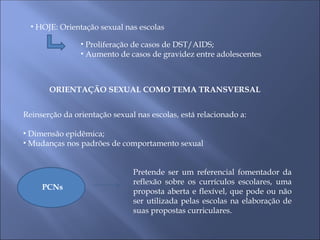 • HOJE: Orientação sexual nas escolas
• Proliferação de casos de DST/AIDS;
• Aumento de casos de gravidez entre adolescentes
ORIENTAÇÃO SEXUAL COMO TEMA TRANSVERSAL
Reinserção da orientação sexual nas escolas, está relacionado a:
• Dimensão epidêmica;
• Mudanças nos padrões de comportamento sexual
PCNs
Pretende ser um referencial fomentador da
reflexão sobre os currículos escolares, uma
proposta aberta e flexível, que pode ou não
ser utilizada pelas escolas na elaboração de
suas propostas curriculares.
 