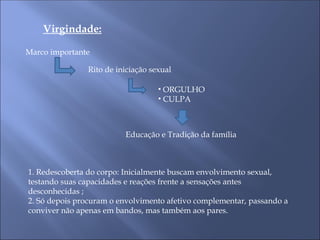 Virgindade:
Marco importante
Rito de iniciação sexual
• ORGULHO
• CULPA
Educação e Tradição da família
1. Redescoberta do corpo: Inicialmente buscam envolvimento sexual,
testando suas capacidades e reações frente a sensações antes
desconhecidas ;
2. Só depois procuram o envolvimento afetivo complementar, passando a
conviver não apenas em bandos, mas também aos pares.
 