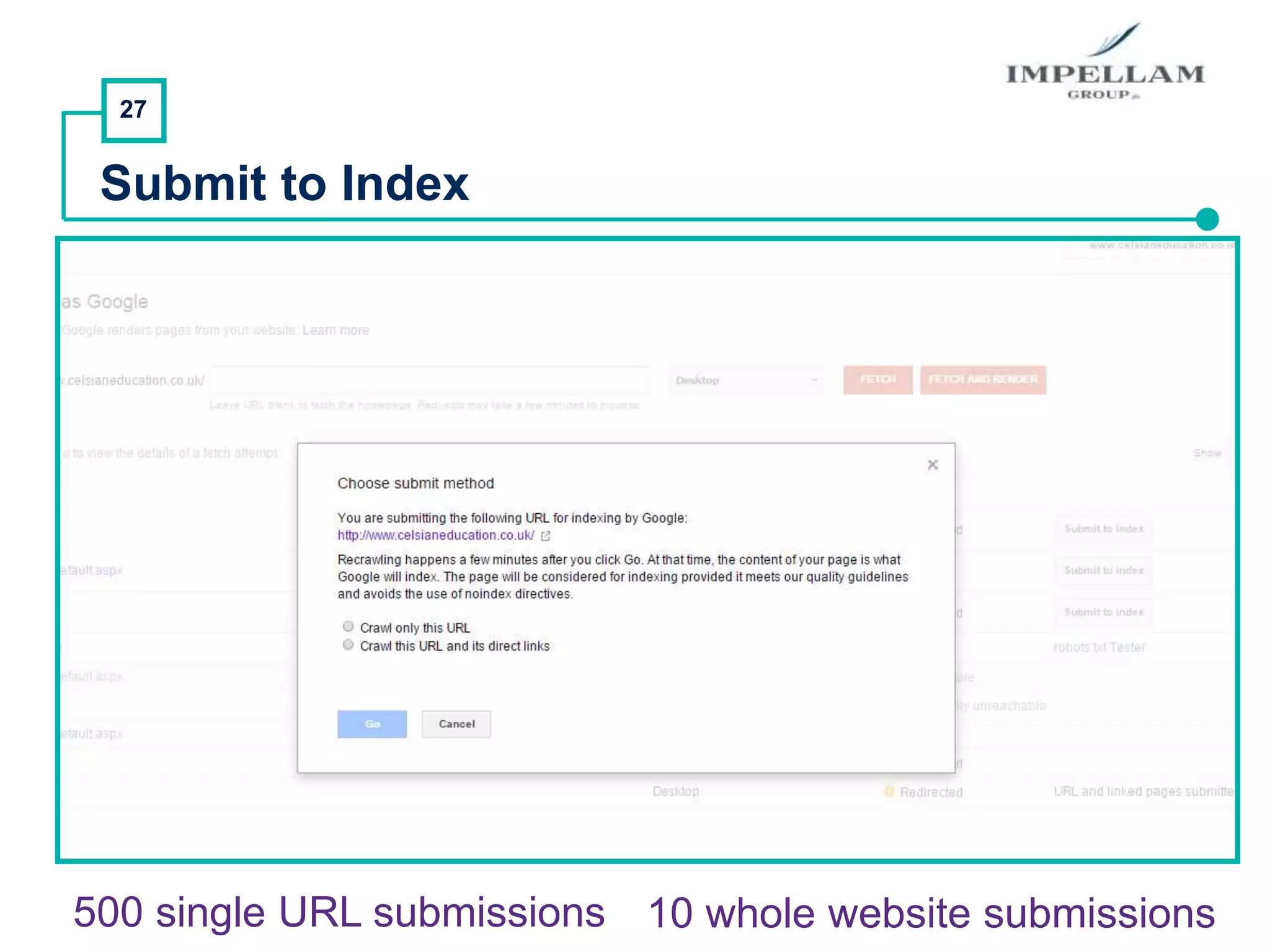 27
Submit to Index
500 single URL submissions 10 whole website submissions
 