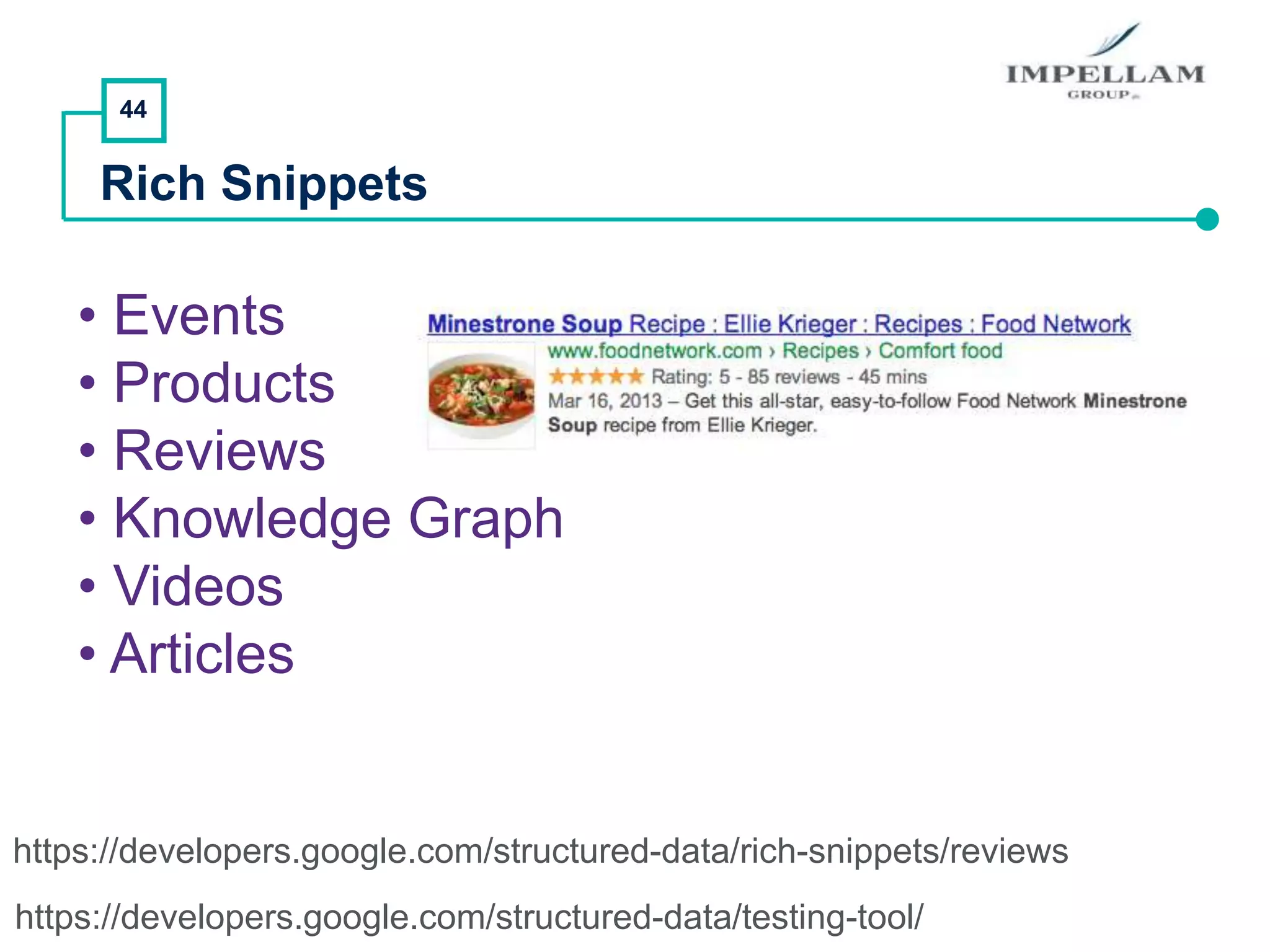 44
Rich Snippets
• Events
• Products
• Reviews
• Knowledge Graph
• Videos
• Articles
https://developers.google.com/structured-data/rich-snippets/reviews
https://developers.google.com/structured-data/testing-tool/
 
