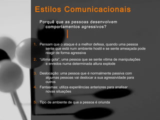 Estilos Comunicacionais
   Porquê que as pessoas desenvolvem
     comportamentos agressivos?



1. Pensam que o ataque é a melhor defesa, quando uma pessoa
      sente que está num ambiente hostil e se sente ameaçada pode
      reagir de forma agressiva
2. “última gota”, uma pessoa que se sente vitima de manipulações
        e enredos numa determinada altura explode

3. Deslocação: uma pessoa que é normalmente passiva com
      algumas pessoas vai deslocar a sua agressividade para
      outros
4. Fantasmas: utiliza experiências anteriores para analisar
      novas situações


5. Tipo de ambiente de que a pessoa é oriunda
 