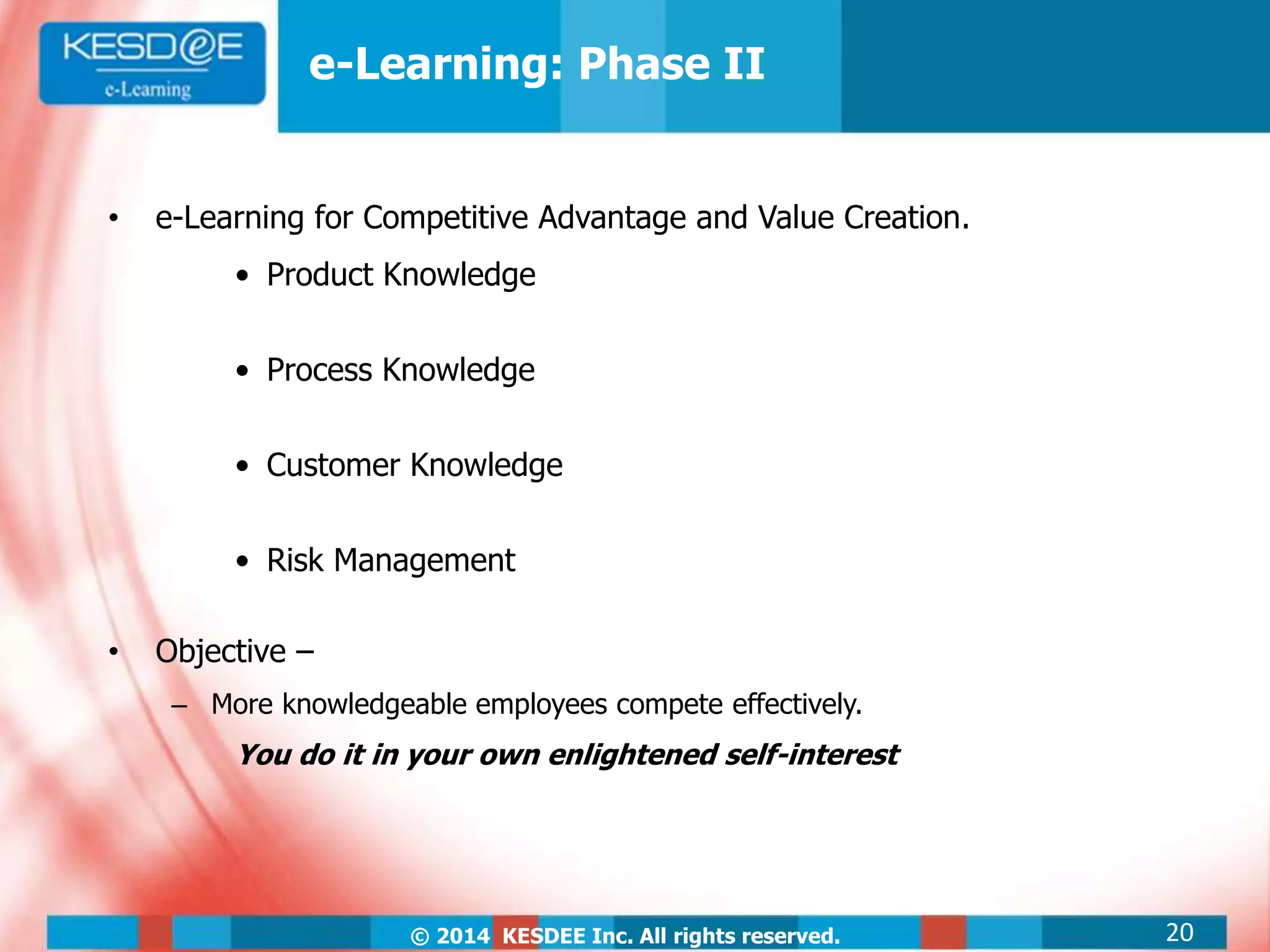 © 2014 KESDEE Inc. All rights reserved.
• e-Learning for Competitive Advantage and Value Creation.
• Product Knowledge
• Process Knowledge
• Customer Knowledge
• Risk Management
• Objective –
– More knowledgeable employees compete effectively.
You do it in your own enlightened self-interest
e-Learning: Phase II
20
 