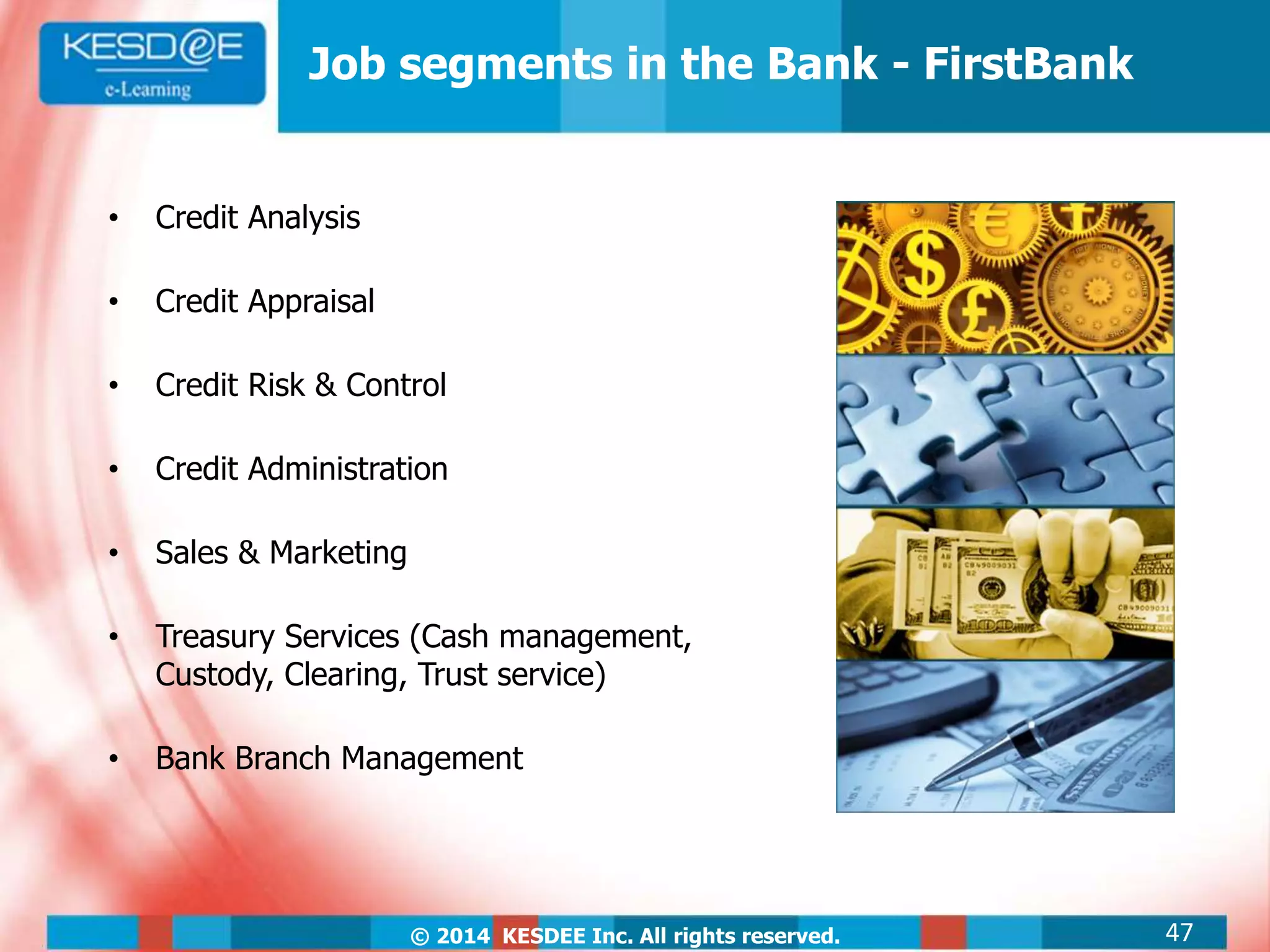 © 2014 KESDEE Inc. All rights reserved.
Job segments in the Bank - FirstBank
• Credit Analysis
• Credit Appraisal
• Credit Risk & Control
• Credit Administration
• Sales & Marketing
• Treasury Services (Cash management,
Custody, Clearing, Trust service)
• Bank Branch Management
47
 