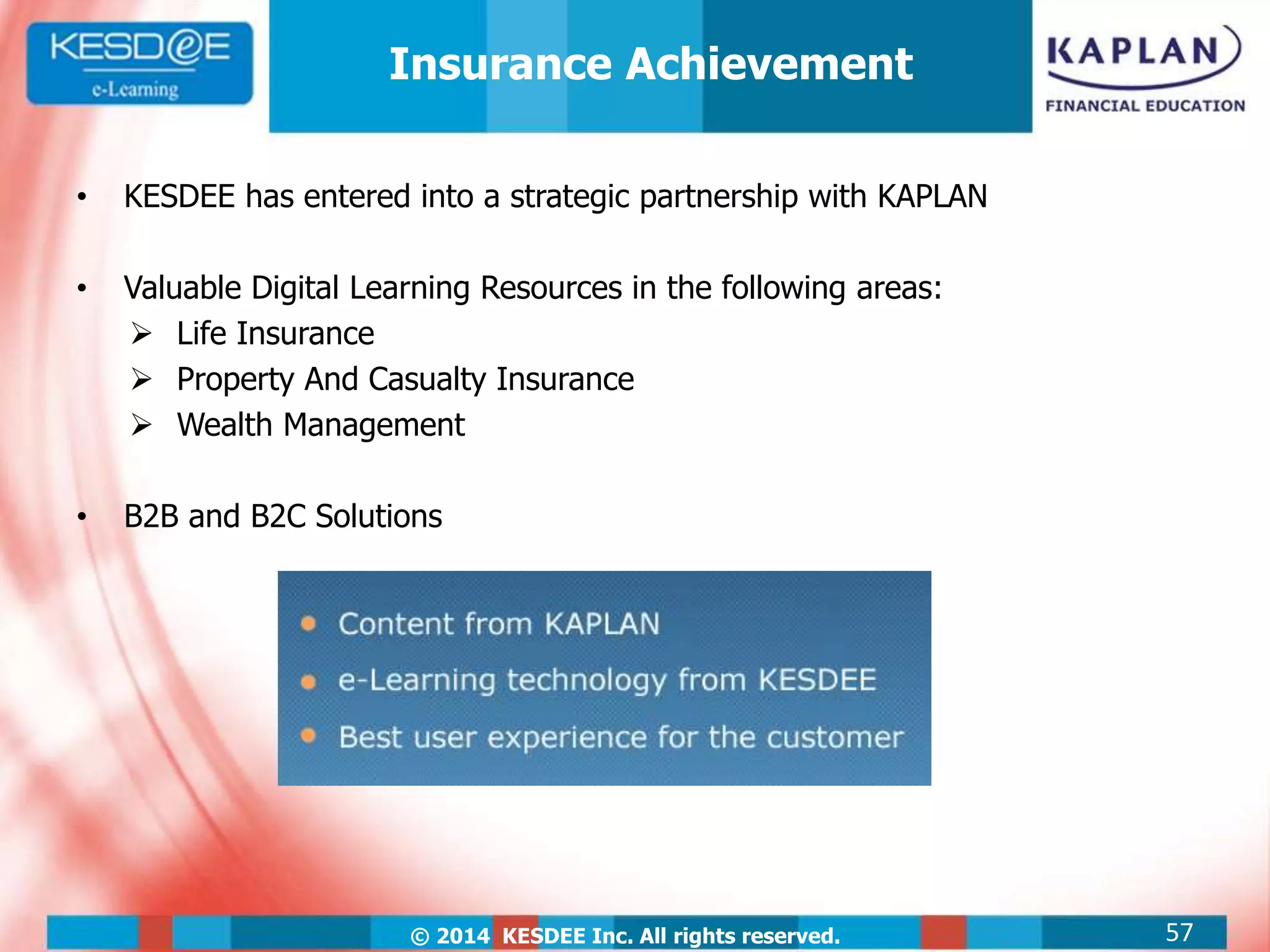 © 2014 KESDEE Inc. All rights reserved.
• KESDEE has entered into a strategic partnership with KAPLAN
• Valuable Digital Learning Resources in the following areas:
 Life Insurance
 Property And Casualty Insurance
 Wealth Management
• B2B and B2C Solutions
57
Insurance Achievement
 