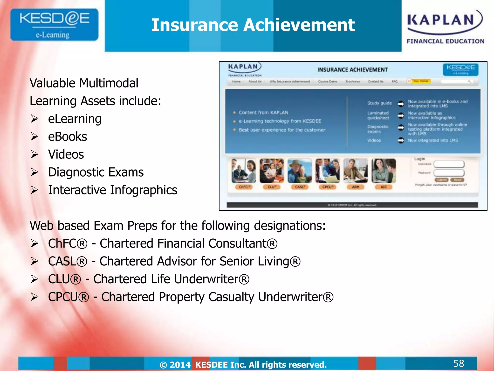 © 2014 KESDEE Inc. All rights reserved.
Valuable Multimodal
Learning Assets include:
 eLearning
 eBooks
 Videos
 Diagnostic Exams
 Interactive Infographics
Web based Exam Preps for the following designations:
 ChFC® - Chartered Financial Consultant®
 CASL® - Chartered Advisor for Senior Living®
 CLU® - Chartered Life Underwriter®
 CPCU® - Chartered Property Casualty Underwriter®
58
Insurance Achievement
 