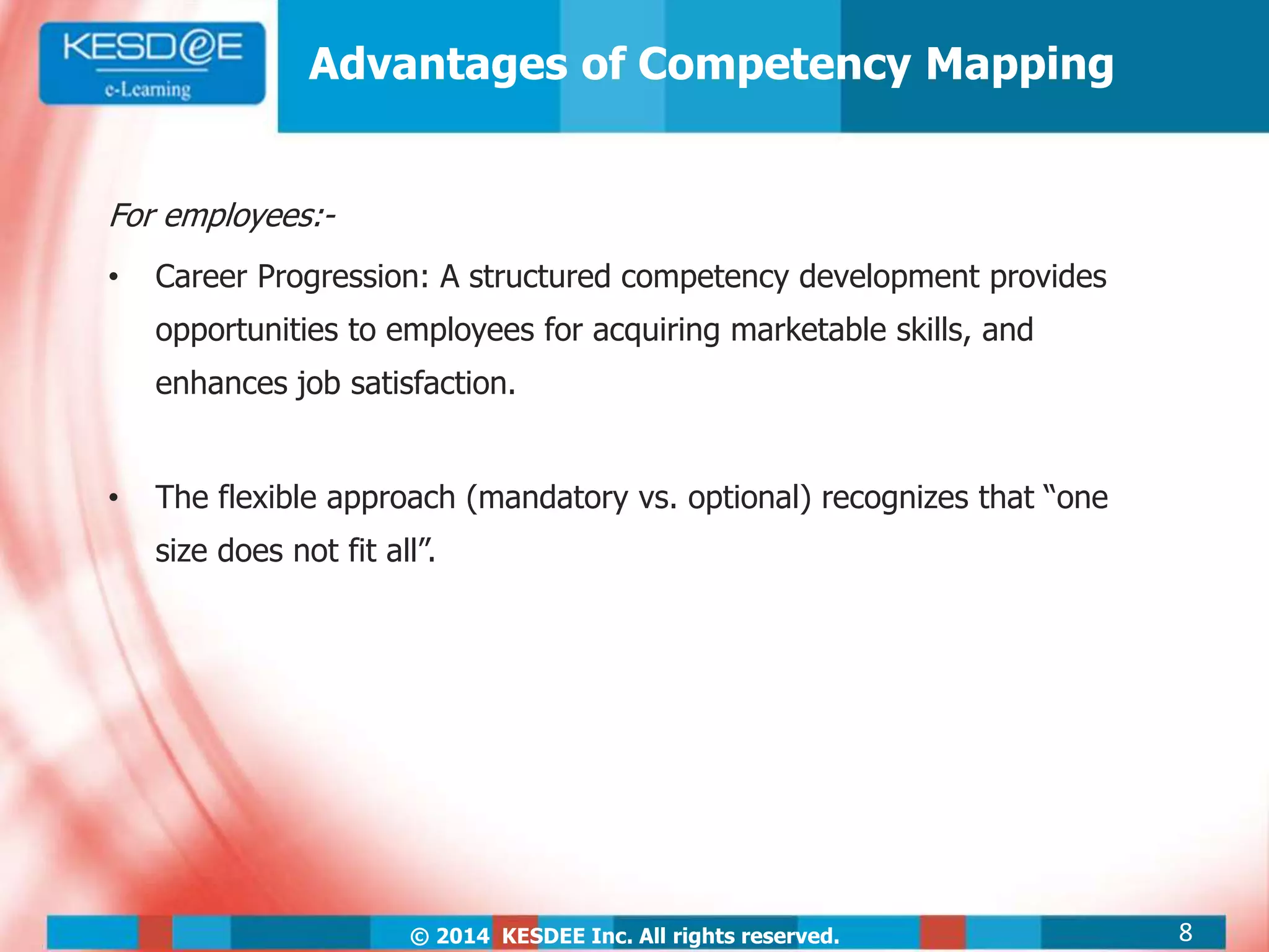 © 2014 KESDEE Inc. All rights reserved.
Advantages of Competency Mapping
For employees:-
• Career Progression: A structured competency development provides
opportunities to employees for acquiring marketable skills, and
enhances job satisfaction.
• The flexible approach (mandatory vs. optional) recognizes that “one
size does not fit all”.
8
 