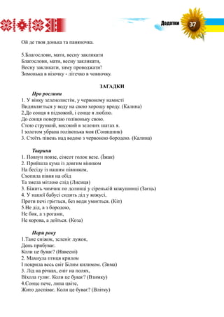 Ой де твоя донька та паняночка.
5.Благослови, мати, весну закликати
Благослови, мати, весну закликати,
Весну закликати, зиму проводжати!
Зимонька в візочку - літечко в човночку.
ЗАГАДКИ
Про рослини
1. У вінку зеленолистім, у червоному намисті
Видивляється у воду на свою хорошу вроду. (Калина)
2.До сонця я підхожий, і сонце я люблю.
До сонця повертаю голівоньку свою.
Стою стрункий, високий в зелених шатах я.
І золотом убрана голівонька моя (Соняшник)
3. Стоїть півень над водою з червоною бородою. (Калина)
Тварини
1. Повзун повзе, сімсот голок везе. (Їжак)
2. Прийшла кума із довгим віником
На бесіду із нашим півником,
Схопила півня на обід
Та змела мітлою слід (Лисиця)
3. Біжить чимчик по долинці у сіренькій кожушинці (Заєць)
4. У нашої бабусі сидить дід у кожусі,
Проти печі гріється, без води умиється. (Кіт)
5.Не дід, а з бородою,
Не бик, а з рогами,
Не корова, а доїться. (Коза)
Пори року
1.Тане сніжок, зеленіє лужок,
День прибуває.
Коли це буває? (Навесні)
2. Махнула птиця крилом
І покрила весь світ Білим килимом. (Зима)
3. Лід на річках, сніг на полях,
Віхола гуляє. Коли це буває? (Взимку)
4.Сонце пече, липа цвіте,
Жито доспіває. Коли це буває? (Влітку)
37Додатки
 