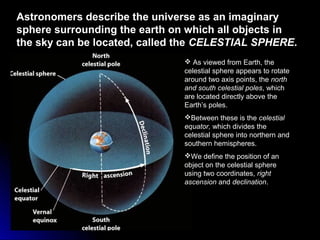 Astronomers describe the universe as an imaginaryAstronomers describe the universe as an imaginary
sphere surrounding the earth on which all objects insphere surrounding the earth on which all objects in
the sky can be located, called thethe sky can be located, called the CELESTIAL SPHERECELESTIAL SPHERE..
 As viewed from Earth, theAs viewed from Earth, the
celestial sphere appears to rotatecelestial sphere appears to rotate
around two axis points, thearound two axis points, the northnorth
and south celestial polesand south celestial poles, which, which
are located directly above theare located directly above the
Earth’s poles.Earth’s poles.
Between these is theBetween these is the celestialcelestial
equator,equator, which divides thewhich divides the
celestial sphere into northern andcelestial sphere into northern and
southern hemispheres.southern hemispheres.
We define the position of anWe define the position of an
object on the celestial sphereobject on the celestial sphere
using two coordinates,using two coordinates, rightright
ascensionascension andand declinationdeclination..
 