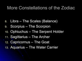 More Constellations of the ZodiacMore Constellations of the Zodiac
8.8. Libra – The Scales (Balance)Libra – The Scales (Balance)
9.9. Scorpius – The ScorpionScorpius – The Scorpion
10.10. Ophiuchus – The Serpent HolderOphiuchus – The Serpent Holder
11.11. Sagittarius – The ArcherSagittarius – The Archer
12.12. Capricornus – The GoatCapricornus – The Goat
13.13. Aquarius – The Water CarrierAquarius – The Water Carrier
 
