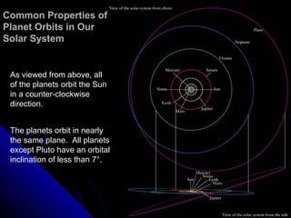 Common Properties ofCommon Properties of
Planet Orbits in OurPlanet Orbits in Our
Solar SystemSolar System
As viewed from above, all
of the planets orbit the Sun
in a counter-clockwise
direction.
The planets orbit in nearly
the same plane. All planets
except Pluto have an orbital
inclination of less than 7°.
 