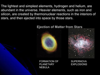 The lightest and simplest elements, hydrogen and helium, are
abundant in the universe. Heavier elements, such as iron and
silicon, are created by thermonuclear reactions in the interiors of
stars, and then ejected into space by those stars.
Ejection of Matter from StarsEjection of Matter from Stars
FORMATION OF
PLANETARY
NEBULA
SUPERNOVA
EXPLOSIONS
 