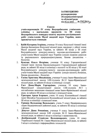 з
ЗАТВЕРДЖЕНО
розпорядження
облдержадміністрації
та обласної ради
від ІТ.іг.'Ю Г? № б
Список
учнів-переможців IV етапу Все...