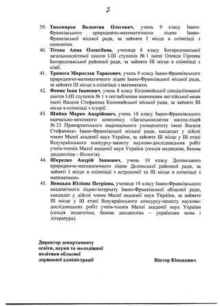 £
39. Тихомиров Валентин Олегович, учень 9 класу Івано-
Франківського природничо-математичного ліцею Івано-
Франківської міської ради, за зайняте І місце в олімпіаді з
економіки.
40. Тітова Анна Олексіївна, учениця 8 класу Богородчанської
загальноосвітньої школи І-ІИ ступенів № 1 імені Олекси Гірника
Богородчанської районної ради, за зайняте III місце в олімпіаді з
хімії.
41. Тринога Мирослав Тарасович, учень 9 класу Івано-Франківського
природничо-математичного ліцею Івано-Франківської міської ради,
за зайняте III місце в олімпіаді з математики.
42. Феняк Іван Іванович, учень 8 класу Коломийської спеціалізованої
школи І-ІІІ ступенів № 1 з поглибленим вивченням англійської мови
імені Василя Стефаника Коломийської міської ради, за зайняте III
місце в олімпіаді з історії.
43. Шийка Марко Андрійович, учень 10 класу Івано-Франківського
навчально-виховного комплексу «Загальноосвітня школа-ліцей
№ 23 Прикарпатського національного університету імені Василя
Стефаника» Івано-Франківської міської ради, кандидат у дійсні
члени Малої академії наук України, за зайняте III місце у III етапі
Всеукраїнського конкурсу-захисту науково-дослідницьких робіт
учнів-членів Малої академії наук України (секція медицини, базова
дисципліна - біологія).
44. Шкредко Андрій Іванович, учень 10 класу Долинського
природничо-математичного ліцею Долинської районної ради, за
зайняті І місце в олімпіаді з астрономії та III місце в олімпіаді з
математики».
45. Яницька Юліана Петрівна, учениця 10 класу Івано-Франківського
академічного ліцею-інтернату Івано-Франківської обласної ради,
кандидат у дійсні члени Малої академії наук України, за зайняте
III місце у III етапі Всеукраїнського конкурсу-захисту науково-
дослідницьких робіт учнів-членів Малої академії наук України
(секція педагогіки, базова дисципліна - українська мова і
література).
Директор департаменту
освіти, науки та молодіжної
політики обласної
державної адміністрації Віктор Кімакович
 