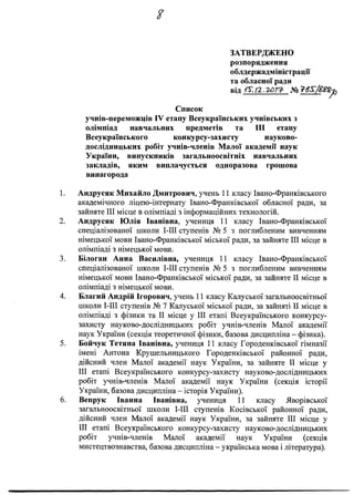 я
ЗАТВЕРДЖЕНО
розпорядження
облдержадміністрації
та обласної ради
від Г ї.п .г о г ї №
Список
учнів-переможців IV етапу Всеукраїнських учнівських з
олімпіад навчальних предметів та III етапу
Всеукраїнського конкурсу-захисту науково-
дослідницьких робіт учнів-членів Малої академії наук
України, випускників загальноосвітніх навчальних
закладів, яким виплачується одноразова грошова
винагорода
1. Андрусяк Михайло Дмитрович, учень 11 класу Івано-Франківського
академічного ліцею-інтернату Івано-Франківської обласної ради, за
зайняте III місце в олімпіаді з інформаційних технологій.
2. Андрусяк Юлія Іванівна, учениця 11 класу Івано-Франківської
спеціалізованої школи І-ІІІ ступенів № 5 з поглибленим вивченням
німецької мови Івано-Франківської міської ради, за зайняте III місце в
олімпіаді з німецької мови.
3. Білоган Анна Василівна, учениця 11 класу Івано-Франківської
спеціалізованої школи І-ІІІ ступенів № 5 з поглибленим вивченням
німецької мови Івано-Франківської міської ради, за зайняте II місце в
олімпіаді з німецької мови.
4. Благий Андрій Ігорович, учень 11 класу Калуської загальноосвітньої
школи І-ІІІ ступенів № 7 Калуської міської ради, за зайняті II місце в
олімпіаді з фізики та II місце у III етапі Всеукраїнського конкурсу-
захисту науково-дослідницьких робіт учнів-членів Малої академії
наук України (секція теоретичної фізики, базова дисципліна - фізика).
5. Бойчук Тетяна Іванівна, учениця 11 класу Городенківської гімназії
імені Антона Крушельницького Городенківської районної ради,
дійсний член Малої академії наук України, за зайняте II місце у
III етапі Всеукраїнського конкурсу-захисту науково-дослідницьких
робіт учнів-членів Малої академії наук України (секція історії
України, базова дисципліна - історія України).
6. Вепрук Іванна Іванівна, учениця 11 класу Яворівської
загальноосвітньої школи І-ІІІ ступенів Косівської районної ради,
дійсний член Малої академії наук України, за зайняте III місце у
III етапі Всеукраїнського конкурсу-захисту науково-дослідницьких
робіт учнів-членів Малої академії наук України (секція
мистецтвознавства, базова дисципліна - українська мова і література).
 