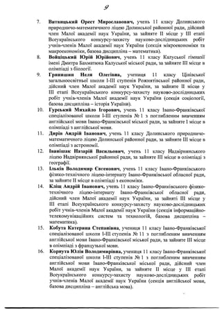 У
7. Витвицький Орест Мирославович, учень 11 класу Долинського
природничо-математичного ліцею Долинської районної ради, дійсний
член Малої академії наук України, за зайняте II місце у III етапі
Всеукраїнського конкурсу-захисту науково-дослідницьких робіт
учнів-членів Малої академії наук України (секція мікроекономіки та
макроекономіки, базова дисципліна - математика).
8. Войціцький Юрій Юрійович, учень 11 класу Калуської гімназії
імені Дмитра Бахматюка Калуської міської ради, за зайняте III місце в
олімпіаді з біології.
9. Гринишин Неля Олегівна, учениця 11 класу Цінівської
загальноосвітньої школи І-ІІІ ступенів Рожнятівської районної ради,
дійсний член Малої академії наук України, за зайняте II місце у
III етапі Всеукраїнського конкурсу-захисту науково-дослідницьких
робіт учнів-членів Малої академії наук України (секція соціології,
базова дисципліна - історія України).
10. Гурський Михайло Ігорович, учень 11 класу Івано-Франківської
спеціалізованої школи І-ІІІ ступенів № 1 з поглибленим вивченням
англійської мови Івано-Франківської міської ради, за зайняте І місце в
олімпіаді з англійської мови.
11. Дирів Андрій Іванович, учень 11 класу Долинського природничо-
математичного ліцею Долинської районної ради, за зайняте III місце в
олімпіаді з астрономії.
12. Іванішак Назарій Васильович, учень 11 класу Надвірнянського
ліцею Надвірнянської районної ради, за зайняте III місце в олімпіаді з
географії.
13. Ільків Володимир Євгенович, учень 11 класу Івано-Франківського
фізико-технічного ліцею-інтернату Івано-Франківської обласної ради,
за зайняте II місце в олімпіаді з економіки.
14. Кліщ Андрій Іванович, учень 11 класу Івано-Франківського фізико-
технічного ліцею-інтернату Івано-Франківської обласної ради,
дійсний член Малої академії наук України, за зайняті III місце у
III етапі Всеукраїнського конкурсу-захисту науково-дослідницьких
робіт учнів-членів Малої академії наук України (секція інформаційно-
телекомунікаційних систем та технологій, базова дисципліна -
математика).
15. Кобута Катерина Степанівна, учениця 11 класу Івано-Франківської
спеціалізованої школи І-ІІІ ступенів № 11 з поглибленим вивченням
англійської мови Івано-Франківської міської ради, за зайняте III місце
в олімпіаді з французької мови.
16. Корнута Юлія Володимирівна, учениця 11 класу Івано-Франківської
спеціалізованої школи І-ІІІ ступенів № 1 з поглибленим вивченням
англійської мови Івано-Франківської міської ради, дійсний член
Малої академії наук України, за зайняте II місце у III етапі
Всеукраїнського конкурсу-захисту науково-дослідницьких робіт
учнів-членів Малої академії наук України (секція англійської мови,
базова дисципліна - англійська мова).
 