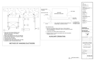 SUSPENDED FROM SLAB
HVAC UNIT
UNIT DRAIN
1 1/4" INSULATED
CONDENSATE LINE
AUXILIARY
DRAIN PIPE
UNIT SHUTDOWN
TERMINAL
24-VAC
WATER DETECTOR
24-VAC
~~~~
WALL MOUNTED ANNUNCIATOR/CONTROLLER
ALARM PANEL. LOCATED IN OFFICE.
1. PAN SHALL BE LARGER THAN AC UNIT ON ALL FOUR (4) SIDES &
SHALL ACCOMMODATE CONDENSATE PUMP. ALLOW SERVICE ACCESS
TO FILTER & FAN BELT.
2. 1" HEM SHALL BE TURNED DOWN OUTSIDE OF PAN.
CORNERS WATER TIGHT.
3. FABRICATE PAN OF 16 GAUGE GALVANIZED STEEL WITH SOLDERED
PAN CONSTRUCTION:
AUXILIARY DRAIN PAN
1 2
4 7
5
6
2
3
1. PHILLIPS JS14C (BSA APPROVAL NO.
39058 SM) OR EQUAL, OR FORCED
ENTRY FASTENERS.
2. BAND IRON HANGER PER CODE OR SMACNA.
3. TURN UNDER WHEN DUCT IS OVER 47" WIDE.
4. PHILLIPS J38C OR EQUAL
5. THREADED ROD COUPLING.
6. THREADED ROD (SIZE AS REQUIRED 3/8" MIN).
7. SCISSOR CLAMP ON REINFORCED ROD.
METHOD OF HANGING DUCTWORK
~
TO FUNNEL DRAIN
DRAWN BY:
FILENAME:
CHECKED BY:
PROJ. NUM:
ISSUED:
SET:
LEVEL LL2 LL2370
UPPER LEVEL WALL STREET
180 VARICK STREET, SUITE 1316
NEW YORK, NY 10014
P: 212.627.0240
F: 212.627.0242
ANDRE KIKOSKI ARCHITECT, PLLC
ARCHITECT:
UPPER LEVEL WALL STREET
LEVEL LL2 LL2370
WORLD TRADE CENTER, NYC
HENRY MEER
CLIENT:
DOCUMENT:Y:3108HVAC11-07-14-BIDSET3108_HVAC.DWGDATE:December4,2014TIME:10:24AM
SEAL & SIGNATURE:
SHEET OF
NO. REVISION/SUBMISSION DATE
LORE WINE & SPIRITS
SC
AK
171 MADISON AVENUE
SUITE 308
NEW YORK, NY 10016
(212) 532-5335
OPIE ATHWAL
MEP ENGINEER
N
PROJECT NORTH
ANDRE KIKOSKI ARCHITECT, PLLC. COPYRIGHT ©2014
137 EAST 25TH STREET
11TH FLOOR
NEW YORK, NY 10010
(212) 674-4488
COOLEY MONATO STUDIO
LIGHTING DESIGNER
7 WORLD TRADE CTR, 250 GREENWICH ST
37TH FLOOR
NEW YORK, NY 10007
(212) 822-1110
WESTFIELD, LLC
DEVELOPER
FOR QAD FILING
FOR CONSTRUCTION
CONFIDENTIAL
DO NOT DUPLICATE
1402
100% CD SET
12.05.2014
M-005.00
3108_HVAC
HVAC DETAIL SHEET 2
01 NONE
HVAC DETAIL SHEET 2
5 13
 