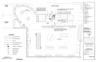 JANITOR
CLOSET
ELECTRICAL
CLOSET
SERVICE CORRIDOR
102
DOMESTIC ROOM
104
OFFICE/STORAGE
100
RETAIL FLOOR
103
SERVICE
101
LARGE
FORMAT ROOM
BUILDING SANITARY LINE
2" SANITARY LINE DOWN
THRU FLOOR SLAB FOR
CONNECTION TO BASE
SOIL OR WASTE (S) (W)
CONNECT TO EXISITNG
VENT (V)
SHUT-OFF VALVE
LEGEND
COLD WATER (CW)
HOT WATER (HW)
LOCATION OF DOMESTIC HOT
WATER HEATER. SEE MOUNTING
DETAIL: DWG. P-002.00
REFRIGERATOR
PANTRY SINK
DISHWASHER
REF
PS
DW
CLEANOUTC.O.
3/4" DOMESTIC COLD WATER DOWN
3/4" DOMESTIC HOT WATER DOWN
3/4"
3/4"
3/4"
LOCATE PIPING ABOVE
HUNG CEILING
1/4"
1 1/4" CONDENSATE LINE FROM HVAC UNIT
(SEE DRAWING M-003.00)
DRAWN BY:
FILENAME:
CHECKED BY:
PROJ. NUM:
ISSUED:
SET:
LEVEL LL2 LL2370
UPPER LEVEL WALL STREET
180 VARICK STREET, SUITE 1316
NEW YORK, NY 10014
P: 212.627.0240
F: 212.627.0242
ANDRE KIKOSKI ARCHITECT, PLLC
ARCHITECT:
UPPER LEVEL WALL STREET
LEVEL LL2 LL2370
WORLD TRADE CENTER, NYC
HENRY MEER
CLIENT:
DOCUMENT:Y:3108PLBG11-07-14-BIDSET3108_PLBG.DWGDATE:December4,2014TIME:10:26AM
SEAL & SIGNATURE:
SHEET OF
NO. REVISION/SUBMISSION DATE
LORE WINE & SPIRITS
SC
AK
171 MADISON AVENUE
SUITE 308
NEW YORK, NY 10016
(212) 532-5335
OPIE ATHWAL
MEP ENGINEER
N
PROJECT NORTH
ANDRE KIKOSKI ARCHITECT, PLLC. COPYRIGHT ©2014
137 EAST 25TH STREET
11TH FLOOR
NEW YORK, NY 10010
(212) 674-4488
COOLEY MONATO STUDIO
LIGHTING DESIGNER
7 WORLD TRADE CTR, 250 GREENWICH ST
37TH FLOOR
NEW YORK, NY 10007
(212) 822-1110
WESTFIELD, LLC
DEVELOPER
FOR QAD FILING
FOR CONSTRUCTION
CONFIDENTIAL
DO NOT DUPLICATE
1402
100% CD SET
12.05.2014
P-001.00
3108_PLBG
PLUMBING PLAN
MEER WINE & SPIRITS
1' 2'0 4'
01 1/2"=1'-0"
PLUMBING PLAN
MEER WINE & SPIRITS
1 4
 