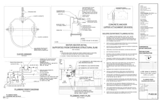 NO SCALE
CLEVIS HANGER
DIP TUBE WITH HOLE ON TOP
CONNECIONS & COLD WATER
IF HEATER IS PROVIDED
MAY BE ELIMINATED
VACUUM RELIEF VALVE
W/BRASS COCK
SUPPORTED FROM OVERHEAD STRUCTURAL SLAB
EXTEND 1" DRAIN FROM DRAIN PAN TO FUNNEL DRAIN.
IF DIELECTRIC NIPPLES ARE NOT SUPPLIED BY HEATER MFGR.
PROVIDE DIELECTRIC UNIONS ON PIPING CONNECTIONS TO HEATERS
FLOOR
NOT TO SCALE
WATER HEATER DETAIL
1. STRAP THE UNIT TO THE SHELF.
TO FUNNEL DRAIN.
BLOW-OFF SPILL
PRESSURE RELIEF VALVE
TEMPERATURE &
UNION
GATE VALVE
TO FUNNEL DRAIN
BLOW-OFF SPILL
THERMOMETER
AIR VENT
CHECK VALVE
PETE'S PLUG FOR
PRESSURE GAUGE
PSREF
DW
~~
~ ~~ ~~~
LEVEL LL2
TO BASE BUILDING SANITARY LINE
DOMESTIC HOT WATER HEATER
(SUSPENDED ABOVE CEILING)
FUNNEL DRAIN WITH TRAP PRIMER
3/4"
3/4" COLD WATER
BASE BUILDING DOMESTIC
PLUMBING RISER DIAGRAM
1/4"
1 1/2" TO BASE
NOT TO SCALE
GALVANIZED PROTECTION
SHIELD-18 GA.,12" LONG
WHEN PIPING IS INSULATED
ELASTIC LOCKNUTS
ELASTIC LOCKNUTS
THREADED ROD
WATER SUPPLY
BUILDING VENT LINE
A.O. SMITH
PROMAX: EJC-10
10 GALLON CAPACITY, 1650 WATTS
DIM.: 18 1/4"H x 16" DIA.
OPR. WT.: 55 LBS
CONCRETE ANCHOR
2"
ALL PLUMBING SYSTEMS (SANITARY, WASTE, VENT , WATER
DISTRIBUTION AND GAS PIPING SYSTEMS) AND ASSOCIATED
EQUIPMENT SHALL BE INSTALLED, OPERATED AND MAINTAINED IN
ACCORDANCE WITH THE REQUIREMENTS OF 2008 THE NEW YORK
CITY PLUMBING CODE (NYCPC).
INSTALLATION OF UNDERGROUND PIPING SHALL BE IN ACCORDANCE
WITH THE REQUIREMENTS OF SECTION PC 702.2.
PROTECTION OF PIPING PASSING UNDER OR THROUGH FOUNDATION
WALLS AS PER SECTION PC 305.
TRENCHING, EXCAVATION AND BACKFILL AS PER SECTION PC 306.
RAT PROOFING AS PER PC 304.
MATERIALS USED IN PLUMBING SYSTEMS SHALL BE IN ACCORDANCE
WITH THE REQUIREMENTS OF SECTION PC 303, PC 605, PC 702,
PC 902, PC 1102.
EQUIPMENT CONNECTIONS AND JOINING OF PIPING SHALL BE IN
ACCORDANCE WITH THE REQUIREMENTS OF CHAPTERS 4,5,6,7, AND
9.
DEEP SEAL TRAPS FOR FLOOR DRAINS SHALL BE PROVIDED AS
PER PC 1002 AND CLEAN-OUTS SHALL BE INSTALLED IN
ACCORDANCE WITH THE REQUIREMENTS OF SECTION PC 708.
BUILDING HOUSE TRAPS SHALL BE PROVIDED AS PER SECTION PC
1002.
DRAINAGE PIPE CLEANOUTS AS PER SECTION PC 708.
VERTICAL AND HORIZONTAL PIPING SHALL BE SUPPORTED IN
ACCORDANCE WITH THE REQUIREMENTS OF SECTION PC 308.
WATER SUPPLY SYSTEMS SHALL BE INSTALLED AND MAINTAINED IN
ACCORDANCE WITH THE REQUIREMENTS OF CHAPTERS 6 SECTION
PC 601-603, 604, 606, 607, 608, 610.
THE SANITARY DRAINAGE SYSTEM SHALL BE SIZED AND INSTALLED
IN ACCORDANCE WITH THE REQUIREMENTS OF CHAPTER 7 SECTION
PC 701, 704, 705, 706, 707, 708, 711.
VENT PIPING FOR THE SANITARY DRAINAGE SYSTEM SHALL BE
INSTALLED N ACCORDANCE WITH THE REQUIREMENTS OF CHAPTER
9 SECTIONS PS 901 THROUGH PC 912 THROUGH PC 917.
THE STORM DRAINAGE PIPING SHALL BE SIZED AND INSTALLED IN
ACCORDANCE WITH THE REQUIREMENTS OF CHAPTER 11 SECTION
PC 1101 THROUGH 113.
INSPECTION AND TESTING OF PLUMBING AND GAS PIPING SYSTEMS
SHALL BE IN ACCORDANCE WITH SECTION PC 107, 312.
1.
2.
3.
4.
5.
6.
7.
8.
9.
10.
11.
12.
13.
14.
15.
BUILDING DEPARTMENT PLUMBING NOTES
2"
3/4"
C.O.
BLOW-OFF SPILL
DRAIN FROM DRAIN PAN
BLOW-OFF SPILL
NOTE:
2.
1.
DRAIN PAN
AUTOMATIC TRAP PRIMER:
J.R. SMITH FIG. 2699
PLUMBING PART-PLAN
NOT TO SCALE
CONDENSATE LINE FROM HVAC UNIT
NOTES:
104
OFFICE/STORAGE
103
SERVICE
Y LINE
OWN
FOR
ASE
LOCATION OF DOMESTIC HOT
WATER HEATER. SEE MOUNTING
DETAIL: DWG. P-002.00
3/4" DOMESTIC COLD WATER DOWN
3/4" DOMESTIC HOT WATER DOWN
3/4"
3/4"
3/4"
LOCATE PIPING ABOVE
HUNG CEILING
1/4"
1 1/4" CONDENSATE LINE FROM HVAC UN
(SEE DRAWING M-003.00)
DRAWN BY:
FILENAME:
CHECKED BY:
PROJ. NUM:
ISSUED:
SET:
LEVEL LL2 LL2370
UPPER LEVEL WALL STREET
180 VARICK STREET, SUITE 1316
NEW YORK, NY 10014
P: 212.627.0240
F: 212.627.0242
ANDRE KIKOSKI ARCHITECT, PLLC
ARCHITECT:
UPPER LEVEL WALL STREET
LEVEL LL2 LL2370
WORLD TRADE CENTER, NYC
HENRY MEER
CLIENT:
DOCUMENT:Y:3108PLBG11-07-14-BIDSET3108_PLBG.DWGDATE:December4,2014TIME:10:26AM
SEAL & SIGNATURE:
SHEET OF
NO. REVISION/SUBMISSION DATE
LORE WINE & SPIRITS
SC
AK
171 MADISON AVENUE
SUITE 308
NEW YORK, NY 10016
(212) 532-5335
OPIE ATHWAL
MEP ENGINEER
N
PROJECT NORTH
ANDRE KIKOSKI ARCHITECT, PLLC. COPYRIGHT ©2014
137 EAST 25TH STREET
11TH FLOOR
NEW YORK, NY 10010
(212) 674-4488
COOLEY MONATO STUDIO
LIGHTING DESIGNER
7 WORLD TRADE CTR, 250 GREENWICH ST
37TH FLOOR
NEW YORK, NY 10007
(212) 822-1110
WESTFIELD, LLC
DEVELOPER
FOR QAD FILING
FOR CONSTRUCTION
CONFIDENTIAL
DO NOT DUPLICATE
1402
100% CD SET
12.05.2014
P-002.00
3108_PLBG
PLUMBING RISER
DIAGRAM AND DETAILS
01 NONE
PLUMBING RISER
DIAGRAM AND DETAILS
2 4
 