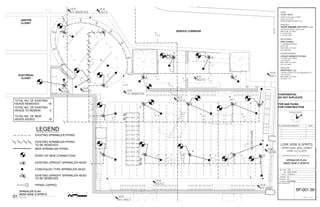 JANITOR
CLOSET
ELECTRICAL
CLOSET
SERVICE CORRIDOR
B.O. V
13'-0"
B.O.F.C.
14'-3"
T.O. WOOD CLG
14'-0"
B.O.F.C.
14'-3"
T.O. VAU
14'-0"
B.O.F.C.
14'-3"
B.O.F.C.
14'-3"
B.O. WOOD CLG
13'-0"
B.O.F.C.
14'-3"
VAULTEDCEILING
B.O. VAULT
13'-0"
B.O.F.C.
9'-0"
B.O.F.C.
9'-0"
B.O. VAULT
13'-0"
L4
EXISTING SPRINKLER PIPING
NEW SPRINKLER PIPING
EXISTING UPRIGHT SPRINKLER HEAD
CONCEALED TYPE SPRINKLER HEAD
LEGEND
EXISTING SPRINKLER PIPING
POINT-OF-NEW CONNECTION
TO BE REMOVED
E E
E
E
E
E
E
E
E
E
E
E
E
E
EEE
E
E
EXISTING UPRIGHT SPRINKLER HEADE
TO BE REMOVED
PIPING CAPPED
TOTAL NO. OF EXISTING
HEADS REMOVED: 18
L1
L1
TOTAL NO. OF EXISTING
HEADS TO REMAIN: 0
TOTAL NO. OF NEW
HEADS ADDED: 18
DRAWN BY:
FILENAME:
CHECKED BY:
PROJ. NUM:
ISSUED:
SET:
LEVEL LL2 LL2370
UPPER LEVEL WALL STREET
180 VARICK STREET, SUITE 1316
NEW YORK, NY 10014
P: 212.627.0240
F: 212.627.0242
ANDRE KIKOSKI ARCHITECT, PLLC
ARCHITECT:
UPPER LEVEL WALL STREET
LEVEL LL2 LL2370
WORLD TRADE CENTER, NYC
HENRY MEER
CLIENT:
DOCUMENT:Y:3108SPRK11-07-14-BIDSET3108_SPRK.DWGDATE:December4,2014TIME:10:28AM
SEAL & SIGNATURE:
SHEET OF
NO. REVISION/SUBMISSION DATE
LORE WINE & SPIRITS
SC
AK
171 MADISON AVENUE
SUITE 308
NEW YORK, NY 10016
(212) 532-5335
OPIE ATHWAL
MEP ENGINEER
N
PROJECT NORTH
ANDRE KIKOSKI ARCHITECT, PLLC. COPYRIGHT ©2014
137 EAST 25TH STREET
11TH FLOOR
NEW YORK, NY 10010
(212) 674-4488
COOLEY MONATO STUDIO
LIGHTING DESIGNER
7 WORLD TRADE CTR, 250 GREENWICH ST
37TH FLOOR
NEW YORK, NY 10007
(212) 822-1110
WESTFIELD, LLC
DEVELOPER
FOR QAD FILING
FOR CONSTRUCTION
CONFIDENTIAL
DO NOT DUPLICATE
1402
100% CD SET
12.05.2014
SP-001.00
3108_SPRK
SPRINKLER PLAN
MEER WINE & SPIRITS
1' 2'0 4'
01 1/2"=1'-0"
SPRINKLER PLAN
MEER WINE & SPIRITS
1 3
 