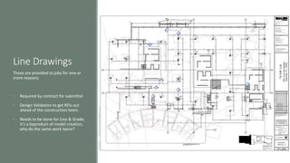 Line Drawings
These are provided to jobs for one or
more reasons:
• Required by contract for submittal
• Design Validation to get RFIs out
ahead of the construction team
• Needs to be done for Line & Grade,
it’s a byproduct of model creation,
why do the same work twice?
 