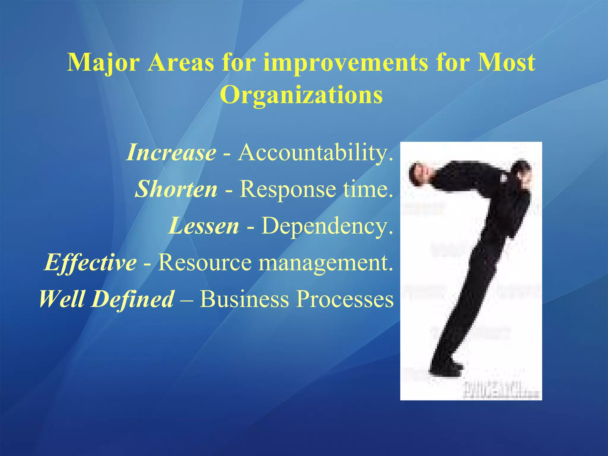 Major Areas for improvements for Most
Organizations
Increase - Accountability.
Shorten - Response time.
Lessen - Dependency.
Effective - Resource management.
Well Defined – Business Processes
 