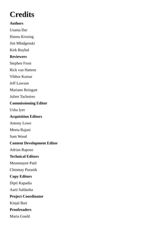 Credits
Authors
Usama Dar
Hannu Krosing
Jim Mlodgenski
Kirk Roybal
Reviewers
Stephen Frost
Rick van Hattem
Vibhor Kumar
Jeff Lawson
Mariano Reingart
Julien Tachoires
Commissioning Editor
Usha Iyer
Acquisition Editors
Antony Lowe
Meeta Rajani
Sam Wood
Content Development Editor
Adrian Raposo
Technical Editors
Mrunmayee Patil
Chinmay Puranik
Copy Editors
Dipti Kapadia
Aarti Saldanha
Project Coordinator
Kinjal Bari
Proofreaders
Maria Gould
 