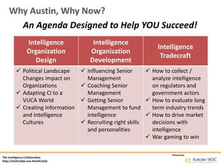 The Intelligence Collaborative
http://IntelCollab.com #IntelCollab
Powered by
Why Austin, Why Now?
Intelligence
Organization
Design
Intelligence
Organization
Development
Intelligence
Tradecraft
 Political Landscape
Changes impact on
Organizations
 Adapting CI to a
VUCA World
 Creating Information
and Intelligence
Cultures
 Influencing Senior
Management
 Coaching Senior
Management
 Getting Senior
Management to fund
intelligence
 Recruiting right skills
and personalities
 How to collect /
analyze intelligence
on regulators and
government actors
 How to evaluate long
term industry trends
 How to drive market
decisions with
intelligence
 War gaming to win
An Agenda Designed to Help YOU Succeed!
 