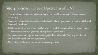 Located 100 meters upstream from the confluence with the unnamed
tributary.
 Stream channel was mostly shaded with about 50 percent residential and
forested land use.
 Little to no riparian zone on the south bank from residential structures
 Severe erosion was present along the exposed bank.
 Substrate was very poor consisting of silt and sands. Some gravel and
boulder formations were present.
 Macroinvertebrate communities were present.
 