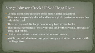  Located 100 meters upstream of the mouth at the Tioga River.
 The steam was partially shaded and had marginal riparian zones on either
side of the creek.
 There were several discharge points along both stream banks.
 The substrate consisted of mostly silt and sand with very small amounts of
gravel and cobble.
 Limited macroinvertabrate communities were present.
 Visible iron and aluminum precipitate was present at the confluence with
the Tioga River.
 
