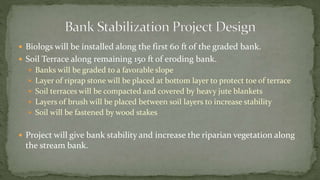  Biologs will be installed along the first 60 ft of the graded bank.
 Soil Terrace along remaining 150 ft of eroding bank.
 Banks will be graded to a favorable slope
 Layer of riprap stone will be placed at bottom layer to protect toe of terrace
 Soil terraces will be compacted and covered by heavy jute blankets
 Layers of brush will be placed between soil layers to increase stability
 Soil will be fastened by wood stakes
 Project will give bank stability and increase the riparian vegetation along
the stream bank.
 