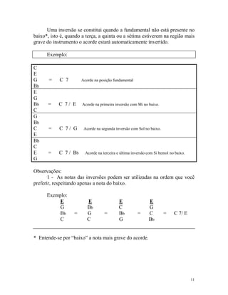Uma inversão se constitui quando a fundamental não está presente no
baixo*, isto é, quando a terça, a quinta ou a sétima estiverem na região mais
grave do instrumento o acorde estará automaticamente invertido.
Exemplo:
C
E
G
Bb
E
G
Bb
C
G
Bb
C
E
Bb
C
E
G

=

C 7

Acorde na posição fundamental

=

C 7/ E

Acorde na primeira inversão com Mi no baixo.

=

C 7/ G

=

C 7 / Bb

Acorde na segunda inversão com Sol no baixo.

Acorde na terceira e última inversão com Si bemol no baixo.

Observações:
1 - As notas das inversões podem ser utilizadas na ordem que você
preferir, respeitando apenas a nota do baixo.
Exemplo:
E
G
Bb
C

=

E
Bb
G
C

=

E
C
Bb
G

=

E
G
C
Bb

=

C 7/ E

* Entende-se por “baixo” a nota mais grave do acorde.

11

 