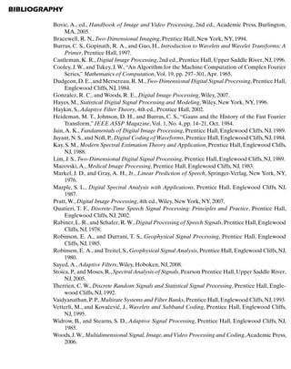 Introduction
BIBLIOGRAPHY
Bovic, A., ed., Handbook of Image and Video Processing, 2nd ed., Academic Press, Burlington,
MA, 2005.
Bracewell, R. N.,Two-Dimensional Imaging, Prentice Hall, New York, NY, 1994.
Burrus, C. S., Gopinath, R. A., and Guo, H., Introduction to Wavelets and Wavelet Transforms: A
Primer, Prentice Hall, 1997.
Castleman, K. R., Digital Image Processing, 2nd ed., Prentice Hall, Upper Saddle River, NJ, 1996.
Cooley, J. W., and Tukey, J. W.,“An Algorithm for the Machine Computation of Complex Fourier
Series,” Mathematics of Computation,Vol. 19, pp. 297–301,Apr. 1965.
Dudgeon,D. E.,and Mersereau,R. M.,Two-Dimensional Digital Signal Processing,Prentice Hall,
Englewood Cliffs, NJ, 1984.
Gonzalez, R. C., and Woods, R. E., Digital Image Processing,Wiley, 2007.
Hayes, M., Statistical Digital Signal Processing and Modeling,Wiley, New York, NY, 1996.
Haykin, S.,Adaptive Filter Theory, 4th ed., Prentice Hall, 2002.
Heideman, M. T., Johnson, D. H., and Burrus, C. S., “Gauss and the History of the Fast Fourier
Transform,” IEEE ASSP Magazine,Vol. 1, No. 4, pp. 14–21, Oct. 1984.
Jain,A. K., Fundamentals of Digital Image Processing, Prentice Hall, Englewood Cliffs, NJ, 1989.
Jayant, N. S., and Noll, P., Digital Coding of Waveforms, Prentice Hall, Englewood Cliffs, NJ, 1984.
Kay, S. M., Modern Spectral Estimation Theory and Application, Prentice Hall, Englewood Cliffs,
NJ, 1988.
Lim, J. S.,Two-Dimensional Digital Signal Processing, Prentice Hall, Englewood Cliffs, NJ, 1989.
Macovski,A., Medical Image Processing, Prentice Hall, Englewood Cliffs, NJ, 1983.
Markel, J. D., and Gray, A. H., Jr., Linear Prediction of Speech, Springer-Verlag, New York, NY,
1976.
Marple, S. L., Digital Spectral Analysis with Applications, Prentice Hall, Englewood Cliffs, NJ,
1987.
Pratt,W., Digital Image Processing, 4th ed.,Wiley, New York, NY, 2007.
Quatieri, T. F., Discrete-Time Speech Signal Processing: Principles and Practice, Prentice Hall,
Englewood Cliffs, NJ, 2002.
Rabiner,L. R.,and Schafer,R.W.,Digital Processing of Speech Signals,Prentice Hall,Englewood
Cliffs, NJ, 1978.
Robinson, E. A., and Durrani, T. S., Geophysical Signal Processing, Prentice Hall, Englewood
Cliffs, NJ, 1985.
Robinson, E. A., and Treitel, S., Geophysical Signal Analysis, Prentice Hall, Englewood Cliffs, NJ,
1980.
Sayed,A.,Adaptive Filters,Wiley, Hoboken, NJ, 2008.
Stoica, P., and Moses, R., Spectral Analysis of Signals, Pearson Prentice Hall, Upper Saddle River,
NJ, 2005.
Therrien, C. W., Discrete Random Signals and Statistical Signal Processing, Prentice Hall, Engle-
wood Cliffs, NJ, 1992.
Vaidyanathan, P. P., Multirate Systems and Filter Banks, Prentice Hall, Englewood Cliffs, NJ, 1993.
Vetterli, M., and Kovačević, J., Wavelets and Subband Coding, Prentice Hall, Englewood Cliffs,
NJ, 1995.
Widrow, B., and Stearns, S. D., Adaptive Signal Processing, Prentice Hall, Englewood Cliffs, NJ,
1985.
Woods, J. W., Multidimensional Signal, Image, and Video Processing and Coding,Academic Press,
2006.
9
 