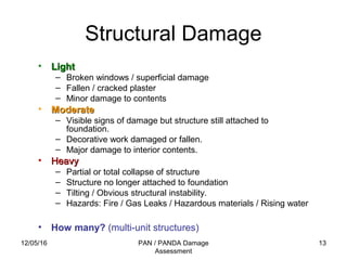 12/05/16 PAN / PANDA Damage
Assessment
13
Structural Damage
• LightLight
– Broken windows / superficial damage
– Fallen / cracked plaster
– Minor damage to contents
• ModerateModerate
– Visible signs of damage but structure still attached to
foundation.
– Decorative work damaged or fallen.
– Major damage to interior contents.
• HeavyHeavy
– Partial or total collapse of structure
– Structure no longer attached to foundation
– Tilting / Obvious structural instability.
– Hazards: Fire / Gas Leaks / Hazardous materials / Rising water
• How many? (multi-unit structures)
 