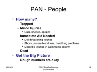 12/05/16 PAN / PANDA Damage
Assessment
18
PAN - People
• How many?
– Trapped
– Minor Injuries
• Cuts, bruises, sprains
– Immediate Aid Needed
• Life threatening injuries
• Shock, severe blood loss, breathing problems
• Describe injuries in Comments column
– Dead
• Get the Big Picture
– Rough numbers are okay
 