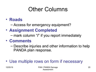 12/05/16 PAN / PANDA Damage
Assessment
20
Other Columns
• Roads
– Access for emergency equipment?
• Assignment Completed
– mark column “/” if you report immediately
• Comments
– Describe injuries and other information to help
PANDA plan response.
• Use multiple rows on form if necessary
 