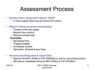 12/05/16 PAN / PANDA Damage
Assessment
9
Assessment Process
• Survey entire assignment (block) ASAP
– A more urgent need may be around the corner.
• Report Critical Incidents Immediately
– Threats to life and safety
– Beyond your control
– Require outside help
Examples:
– Spreading fires
– Trapped people
– Immediate injuries
– Gas leaks, downed power lines
• Record everything else & report later
– Wait for the NPC (PAN) or ICP (PANDA) to ask for non-critical events
– OR deliver completed forms to NPC (PAN) or ICP (PANDA)
 