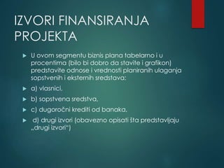 IZVORI FINANSIRANJA
PROJEKTA
 U ovom segmentu biznis plana tabelarno i u
procentima (bilo bi dobro da stavite i grafikon)
predstavite odnose i vrednosti planiranih ulaganja
sopstvenih i eksternih sredstava:
 a) vlasnici,
 b) sopstvena sredstva,
 c) dugoročni krediti od banaka,
 d) drugi izvori (obavezno opisati šta predstavljaju
„drugi izvori“)
 