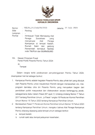 766 SD Ketua kepada Pimpinan Parpol perihal Himbauan Tidak Memasang Alat Peraga Sosialisasi yang Menyerupai APK.pdf