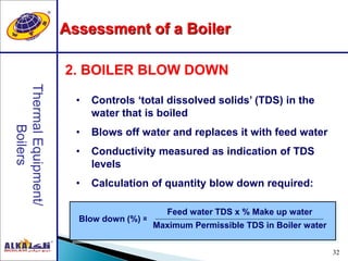 32
• Controls ‘total dissolved solids’ (TDS) in the
water that is boiled
• Blows off water and replaces it with feed water
• Conductivity measured as indication of TDS
levels
• Calculation of quantity blow down required:
2. BOILER BLOW DOWN
Blow down (%) =
Feed water TDS x % Make up water
Maximum Permissible TDS in Boiler water
Assessment of a Boiler
 