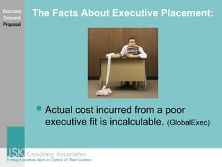The Facts About Executive Placement:Executive
Onboard
Proposal
 Actual cost incurred from a poor
executive fit is incalcu...